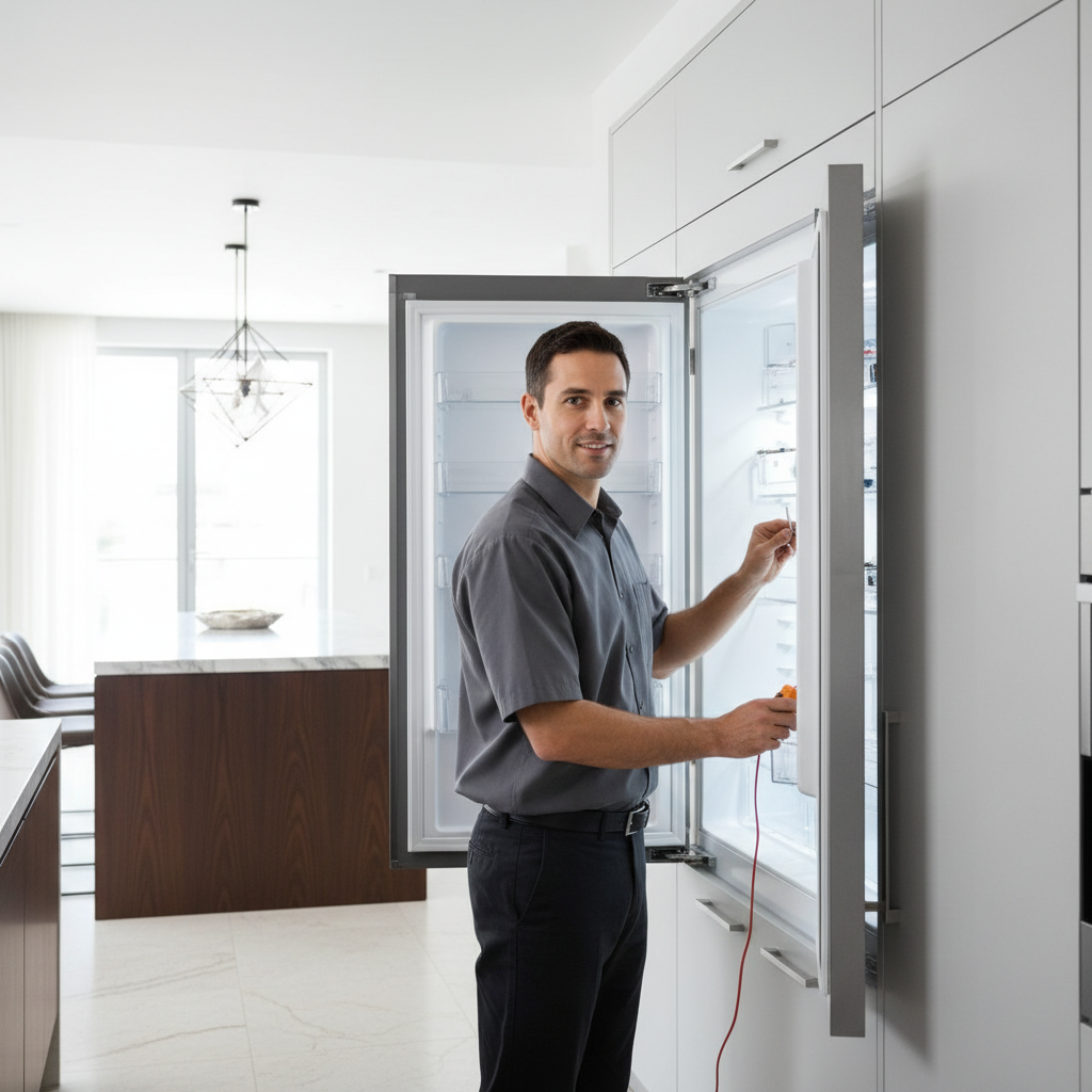 Professional appliance repair technician inspecting a built-in refrigerator